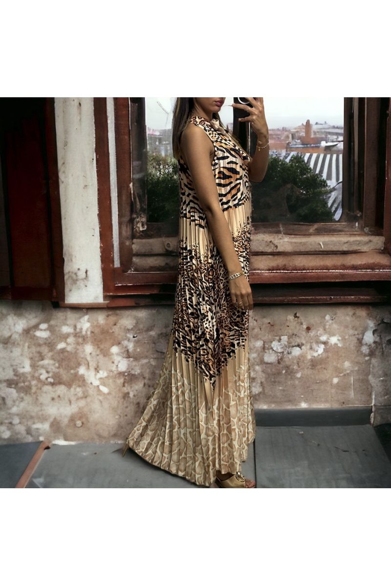 Lange beige geplooide jurk met luipaardpatroon - 1