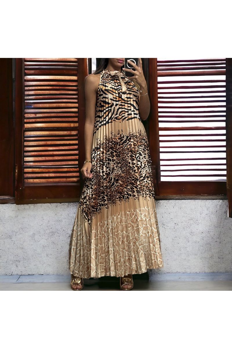 Lange beige geplooide jurk met luipaardpatroon - 2