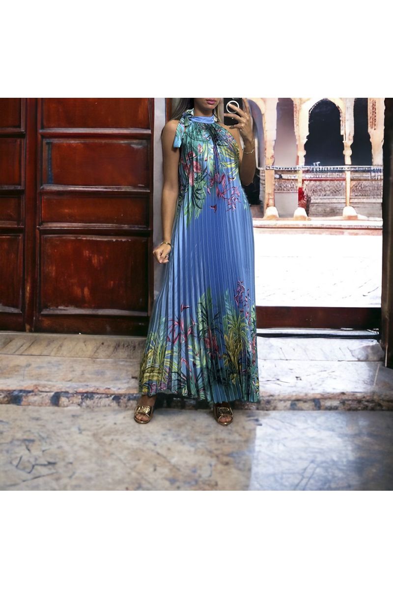 Long blue pleated dress with sublime floral pattern - 2