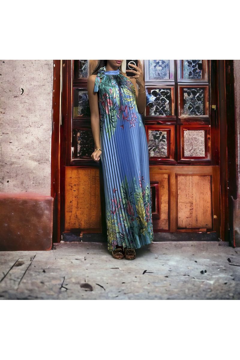 Lange blauwe geplooide jurk met subliem bloemmotief - 3