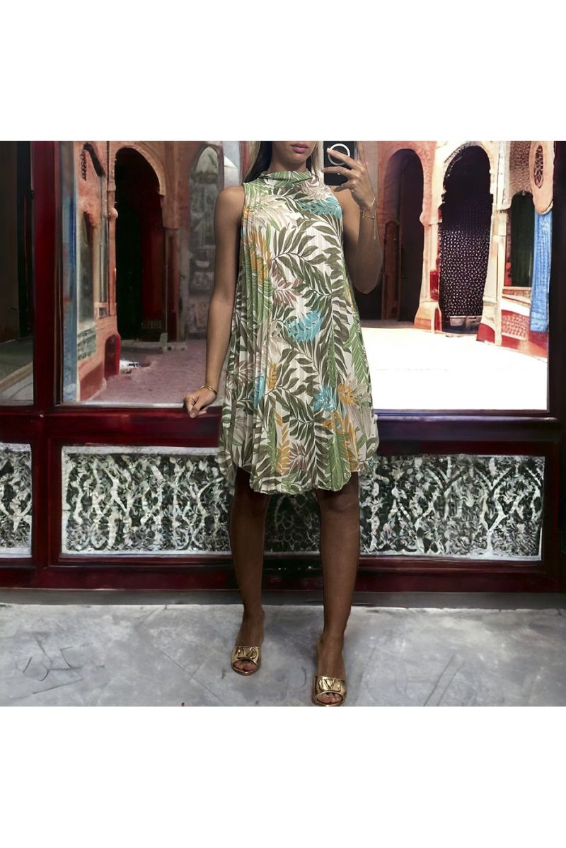 Sleeveless pleated tunic trapeze shape with sublime green leaf pattern - 2 Sleeveless pleated tunic trapeze shape with sublime green leaf pattern - 2