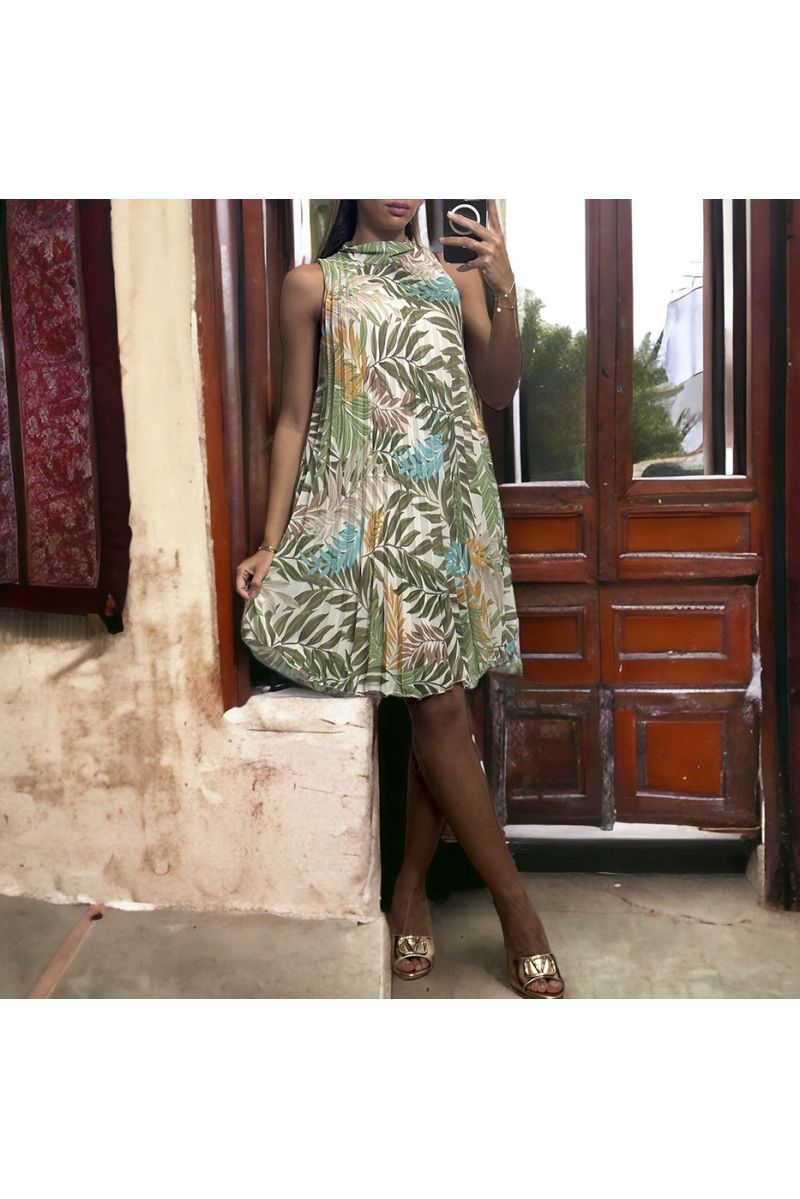 Sleeveless pleated tunic trapeze shape with sublime green leaf pattern - 3 Sleeveless pleated tunic trapeze shape with sublime green leaf pattern - 3