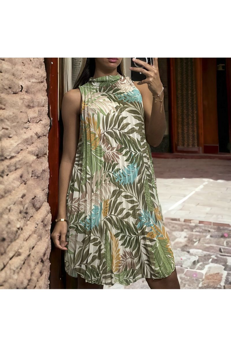 Sleeveless pleated tunic trapeze shape with sublime green leaf pattern - 4 Sleeveless pleated tunic trapeze shape with sublime green leaf pattern - 4