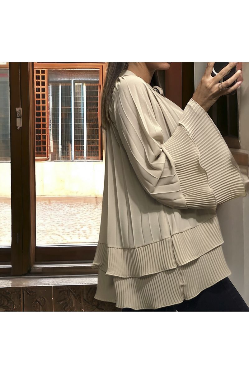 Oversized geplooide beige tuniek met ruches - 1