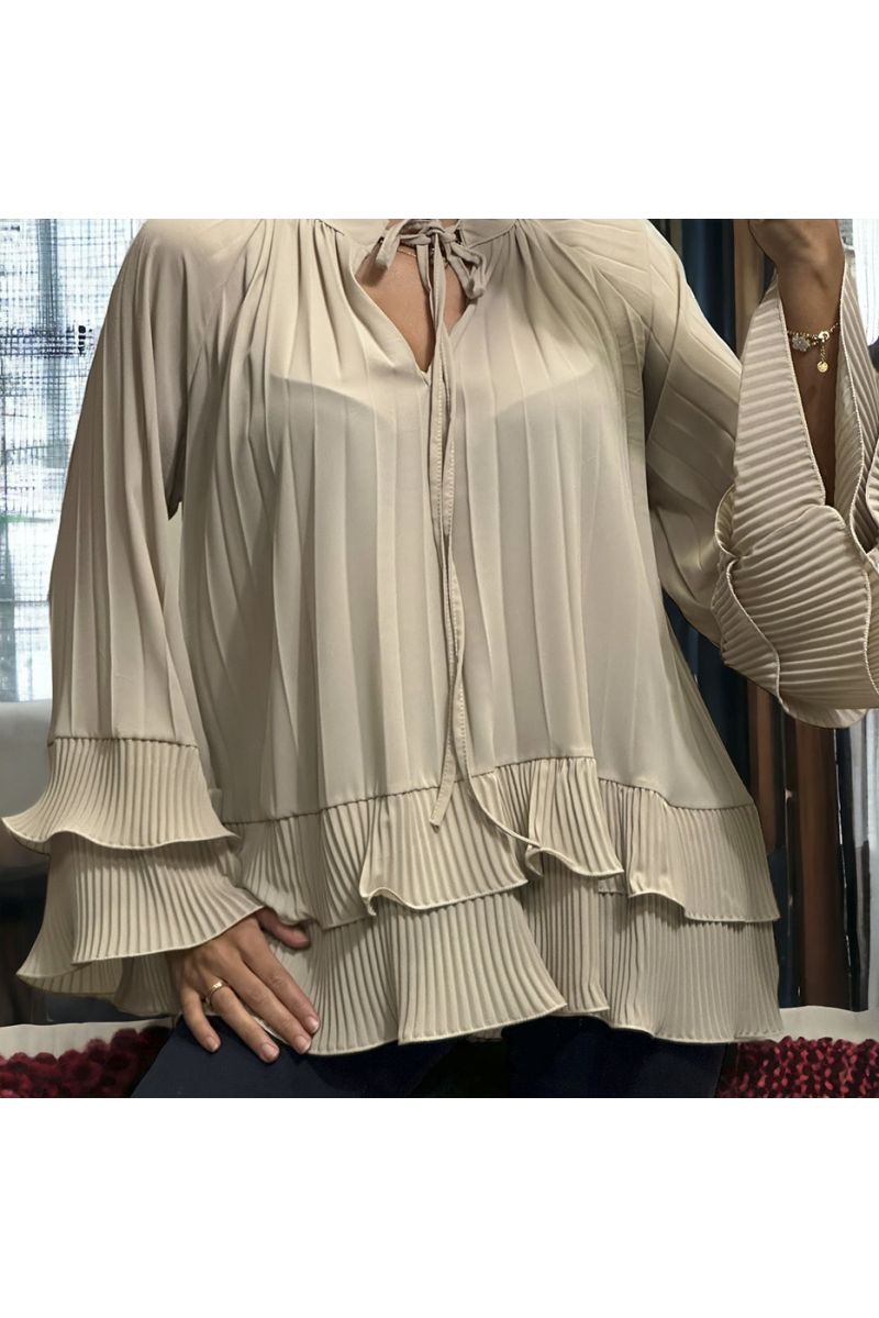 Oversized geplooide beige tuniek met ruches - 2