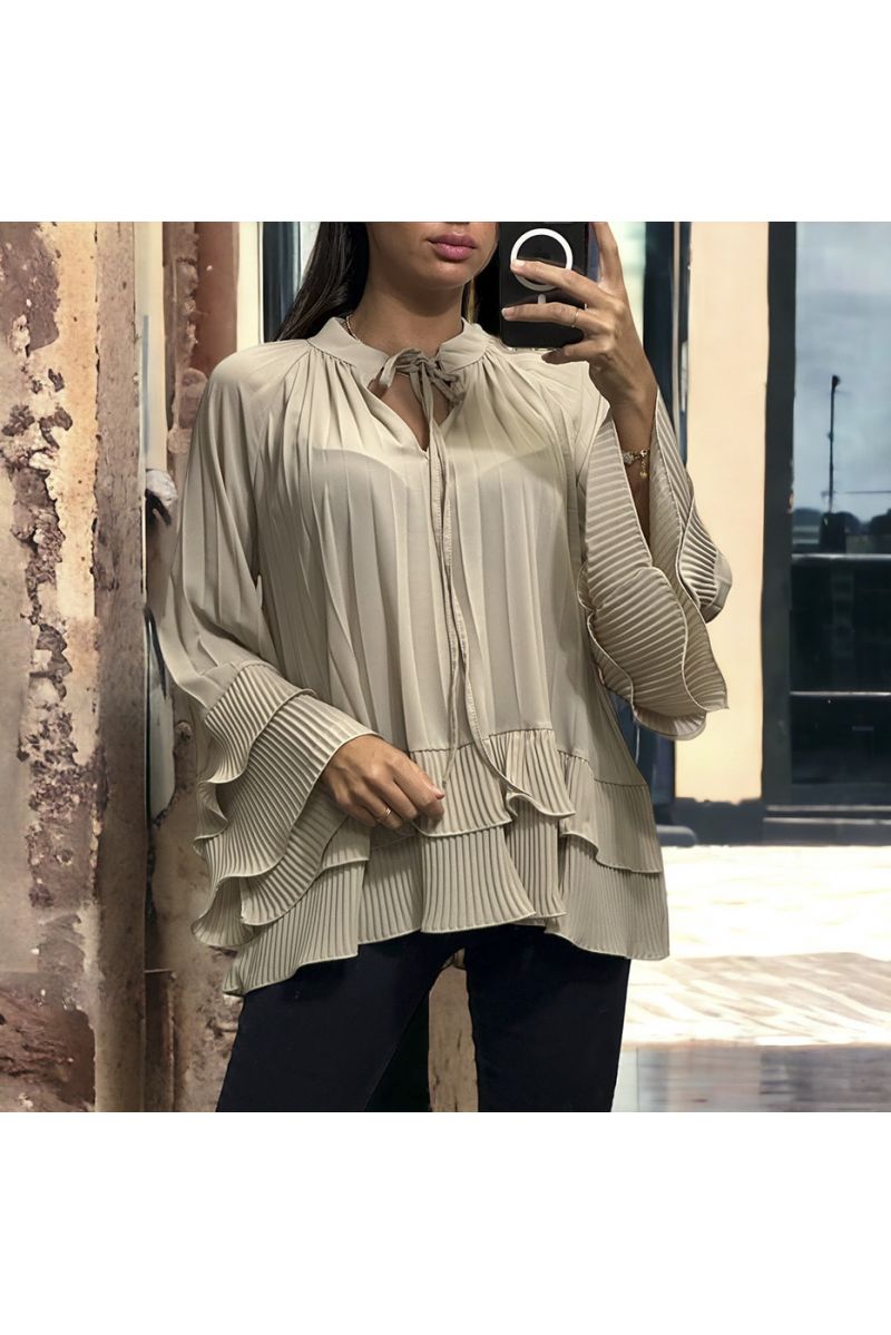 Oversized geplooide beige tuniek met ruches - 3