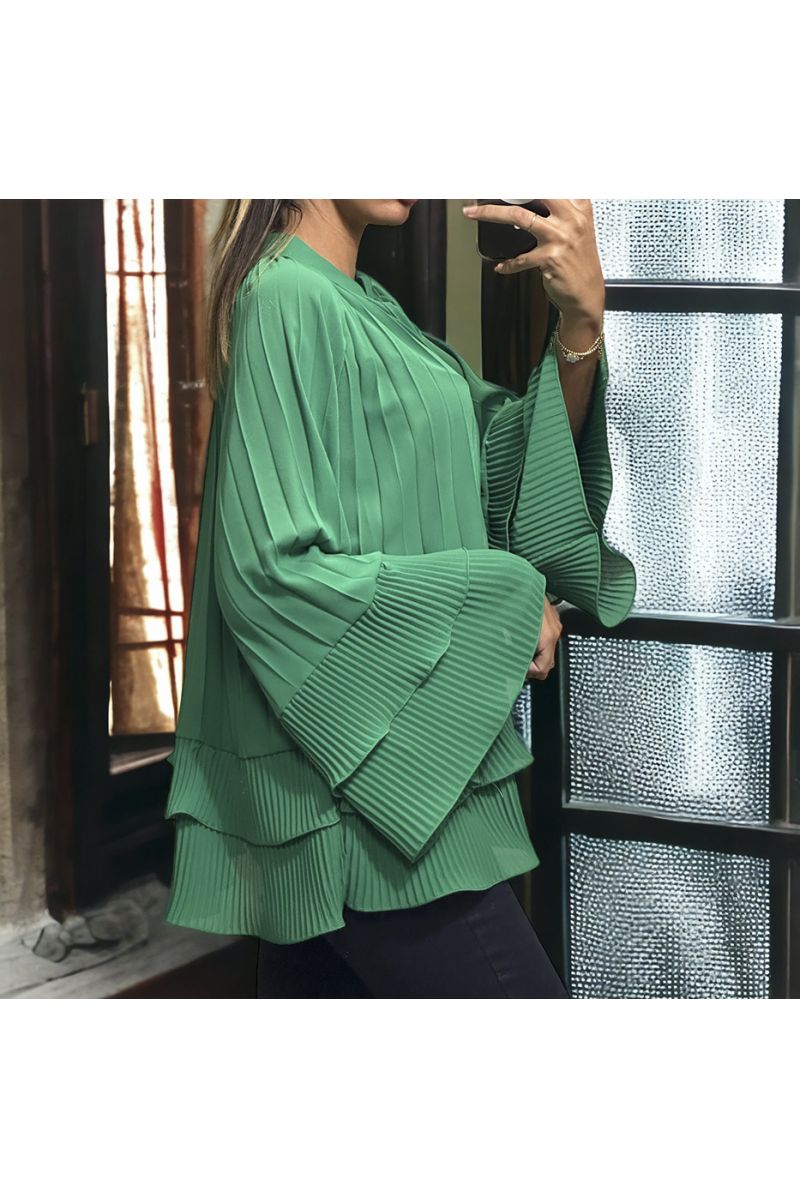 Oversized pleated green tunic with ruffle - 1