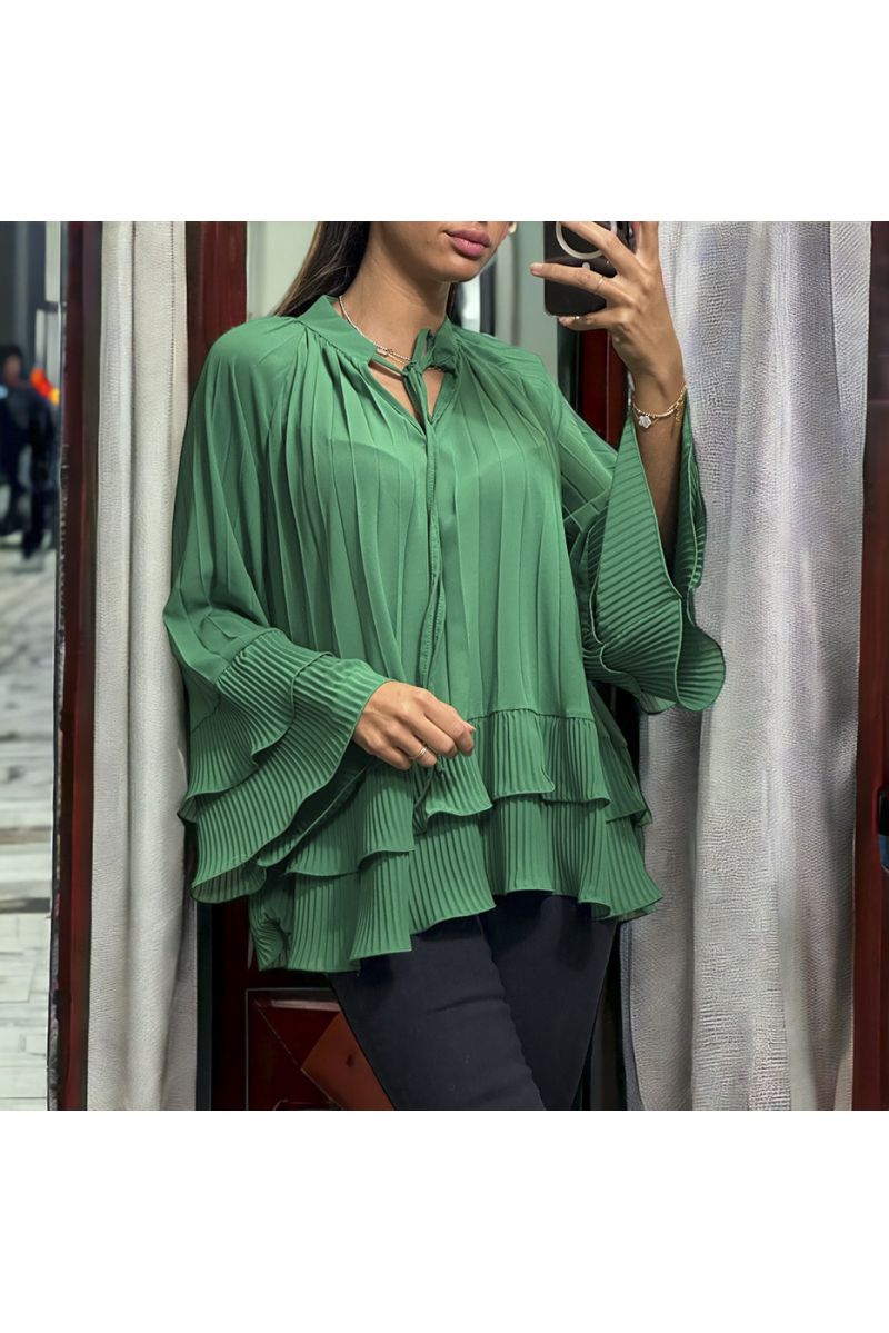 Oversized pleated green tunic with ruffle - 2