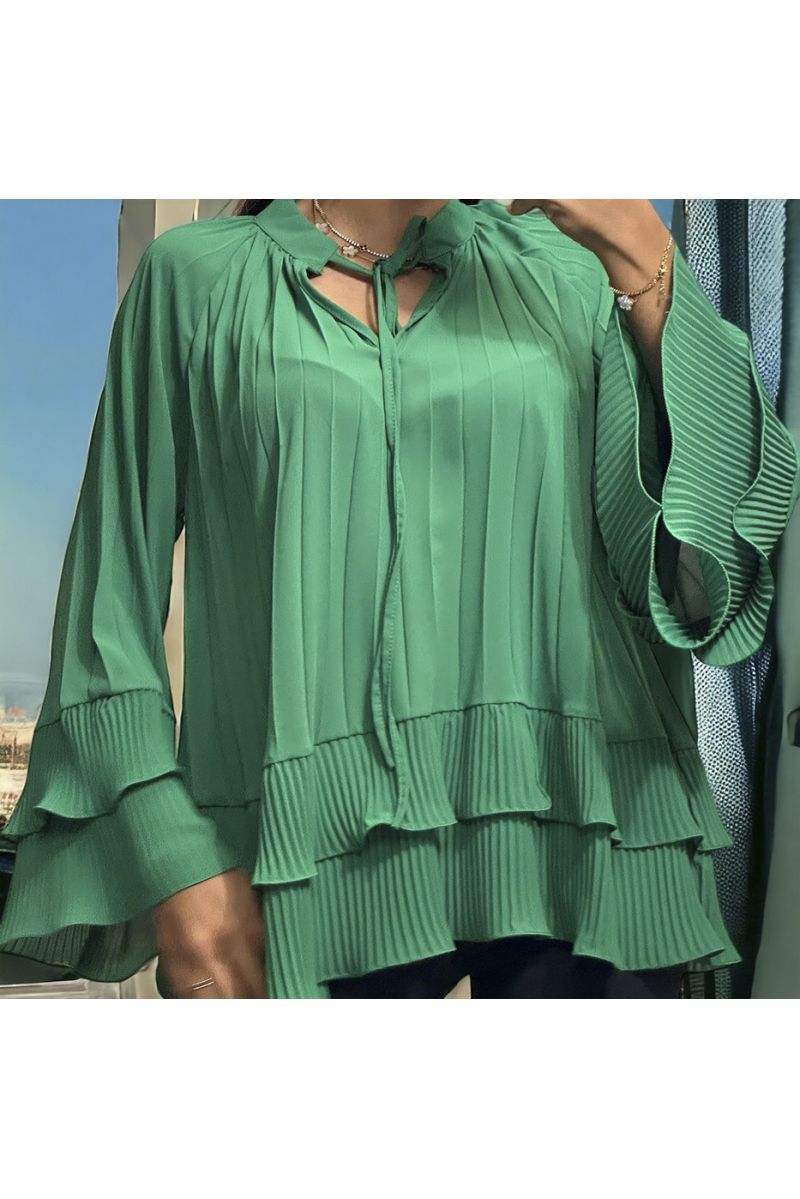 Oversized pleated green tunic with ruffle - 4