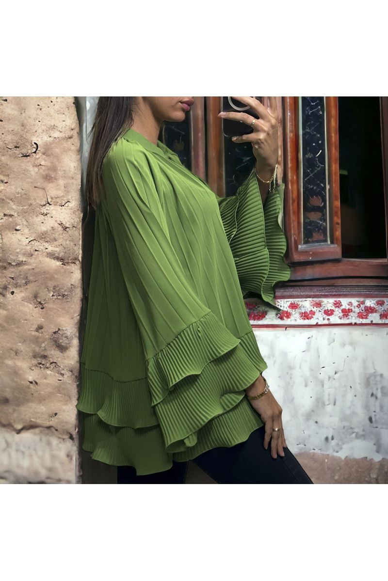 Oversized pleated pistachio green tunic with ruffle - 1