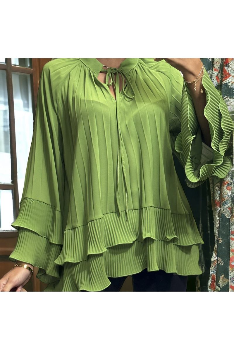Oversized pleated pistachio green tunic with ruffle - 2