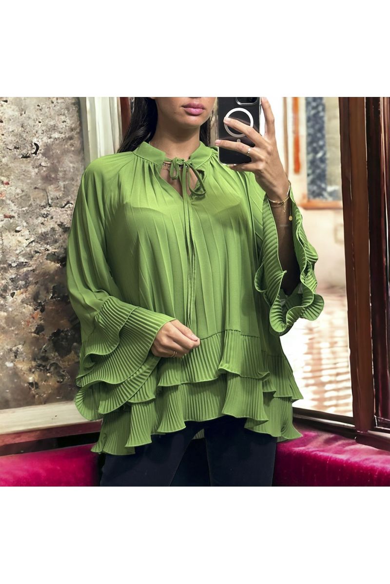 Oversized pleated pistachio green tunic with ruffle - 3