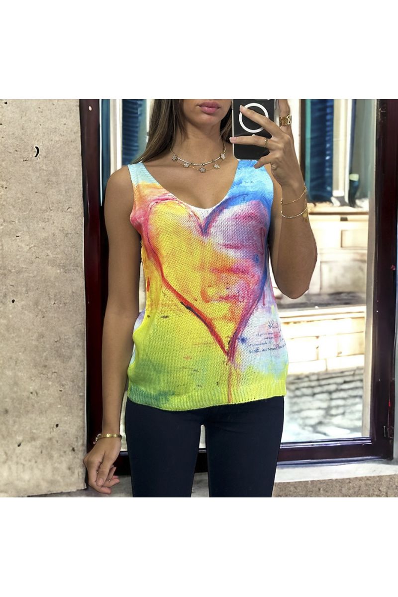 Blue colorful pattern knit tank top with heart - 2
