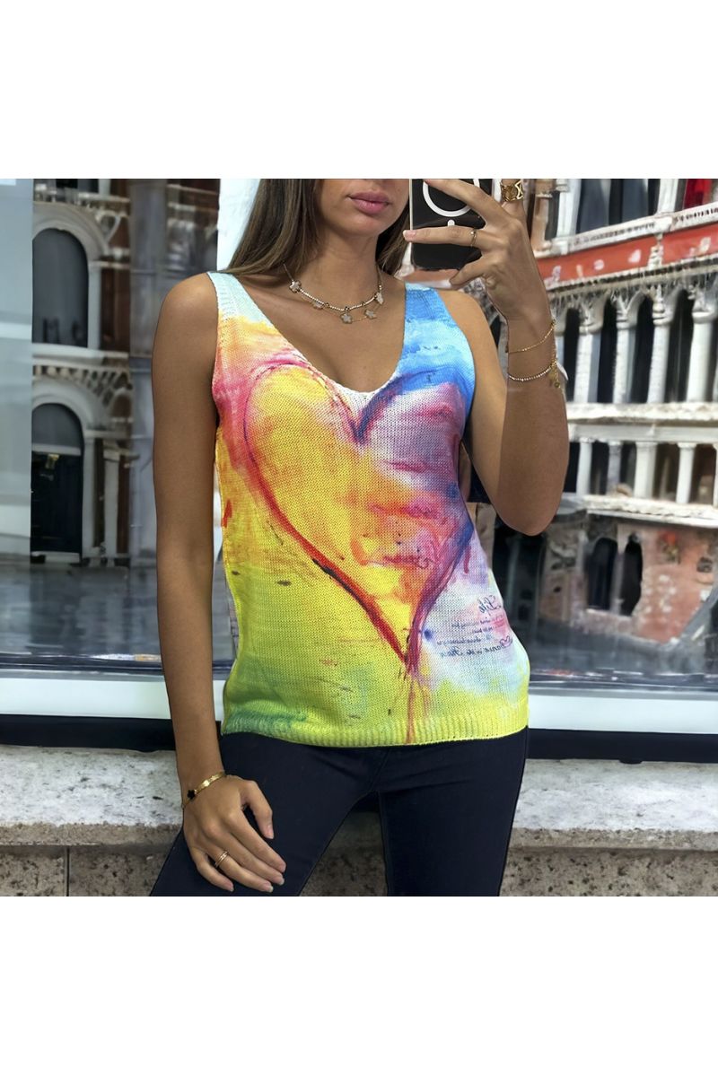 Blue colorful pattern knit tank top with heart - 3