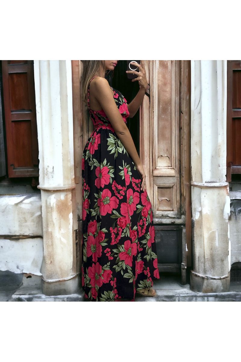 Long wrap dress with black and fuchsia floral pattern strap - 1