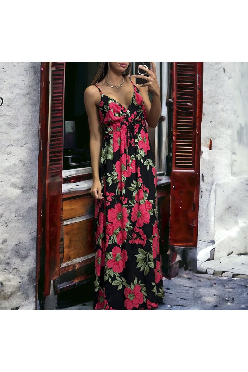 Long wrap dress with black and fuchsia floral pattern strap - 2