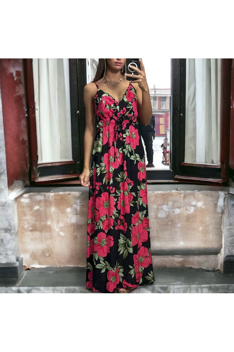 Long wrap dress with black and fuchsia floral pattern strap - 3