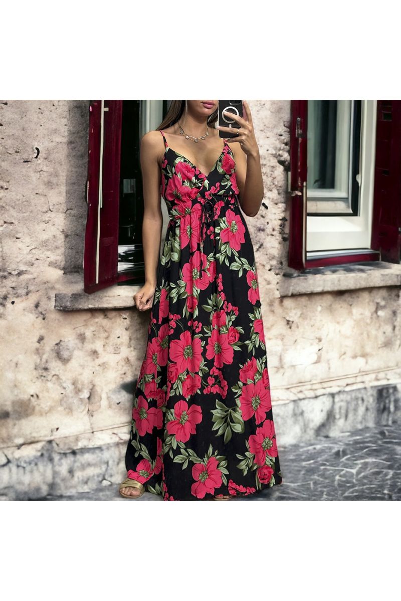 Long wrap dress with black and fuchsia floral pattern strap - 4