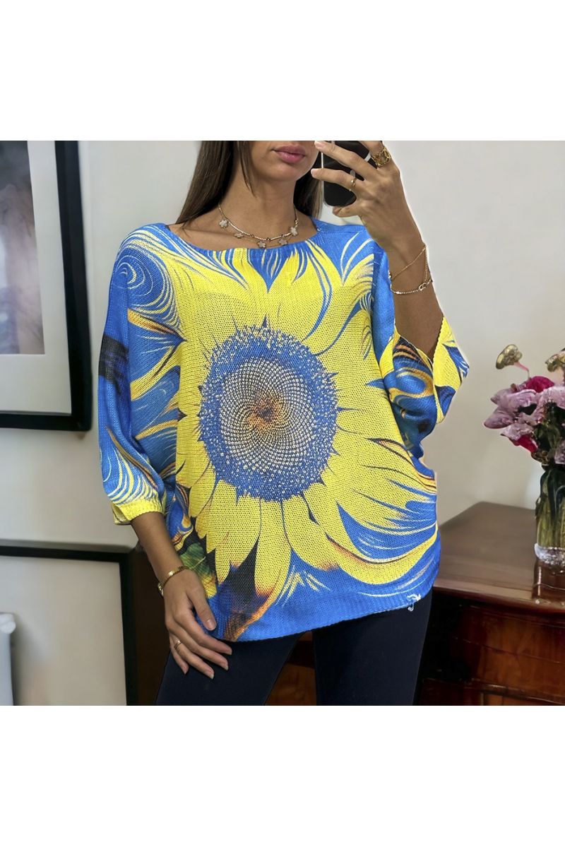 Oversized blue and yellow batwing top with pretty flower pattern - 1