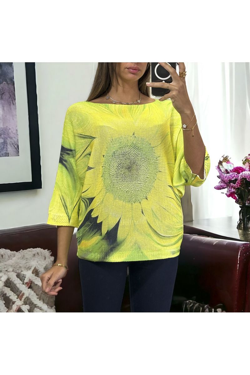 Oversized yellow batwing top with sunflower pattern - 1