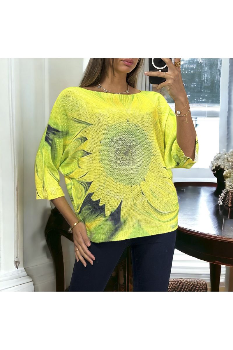 Oversized yellow batwing top with sunflower pattern - 2