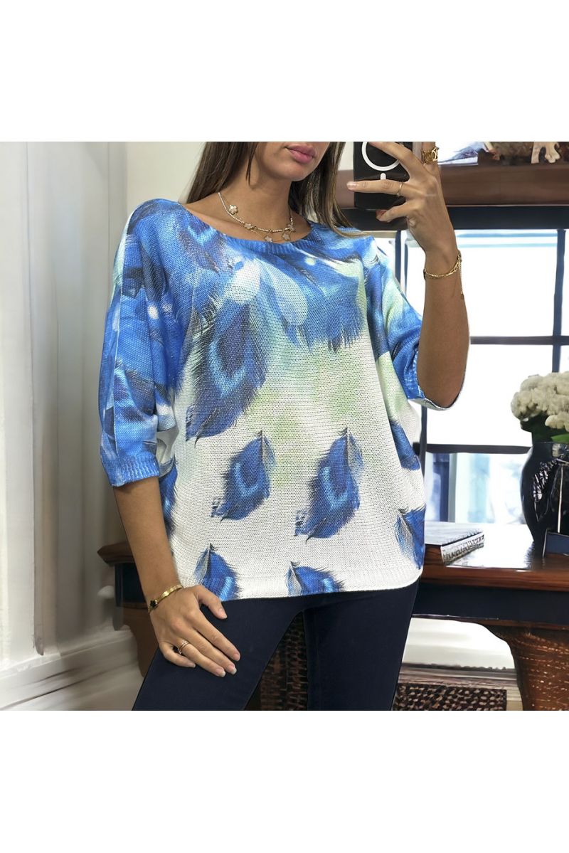Oversized blue batwing top with feather pattern - 1
