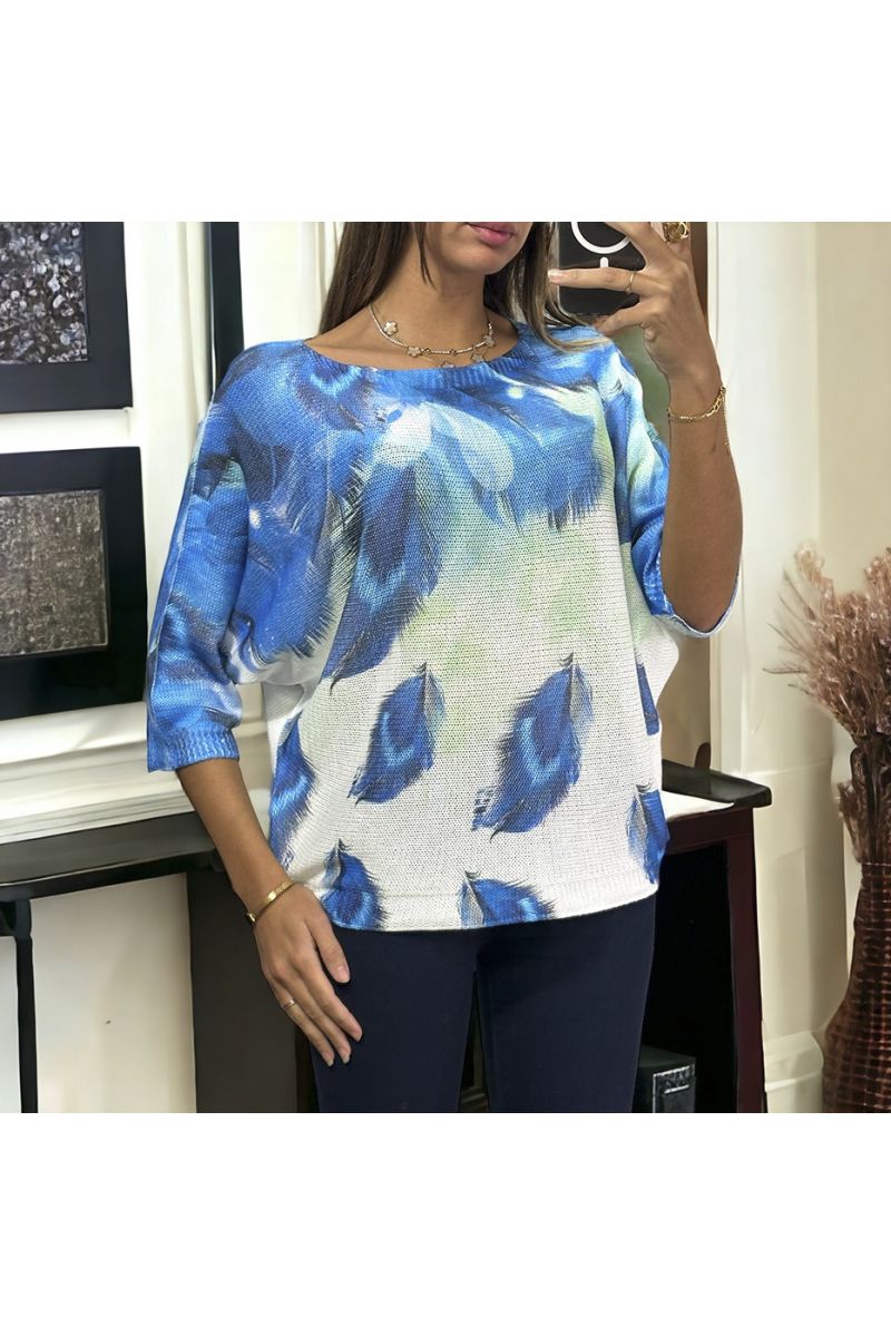 Oversized blue batwing top with feather pattern - 2