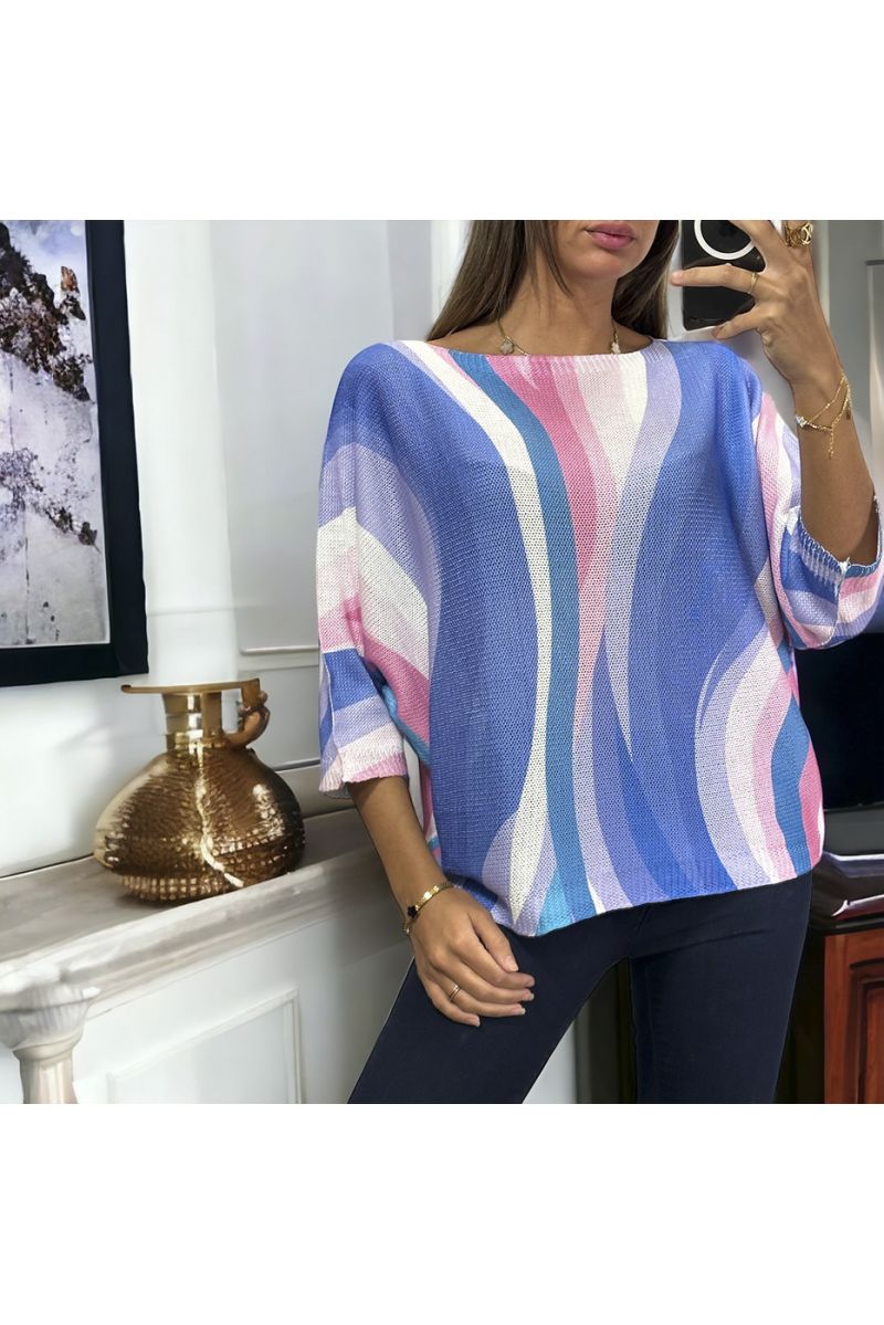 Oversized blue batwing top with colorful pattern - 1