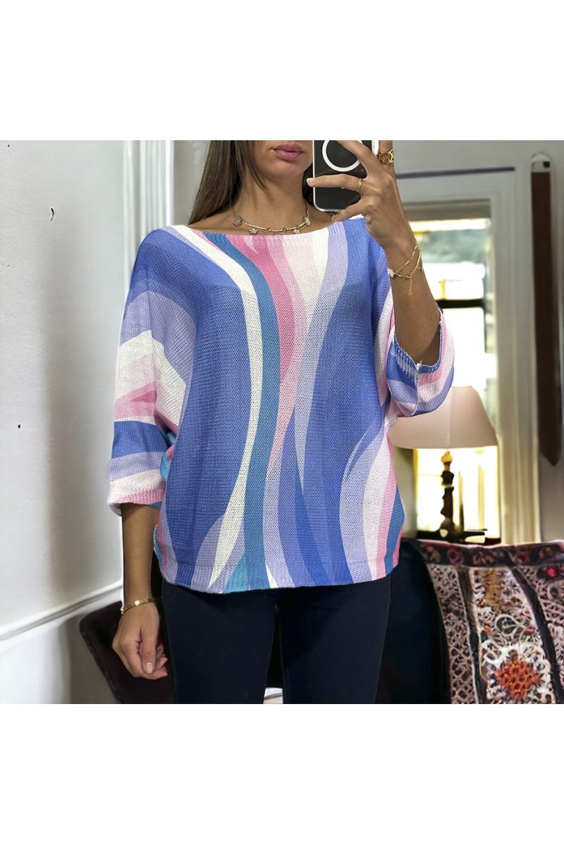Oversized blue batwing top with colorful pattern - 2