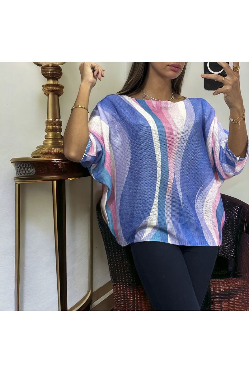 Oversized blue batwing top with colorful pattern - 3
