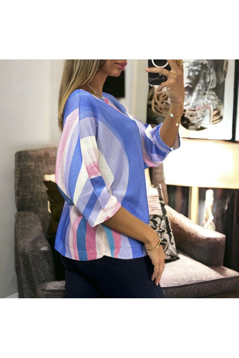 Oversized blue batwing top with colorful pattern - 4