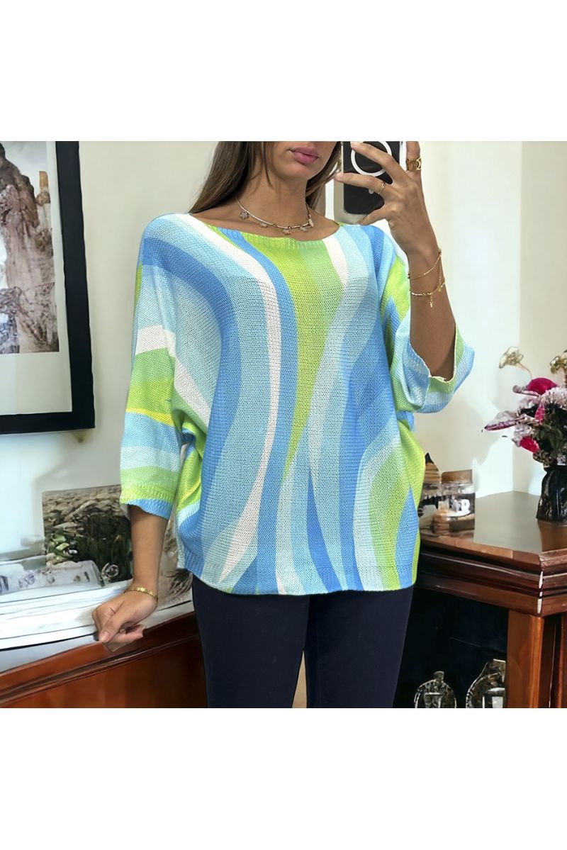 Oversized green batwing top with colorful pattern - 1
