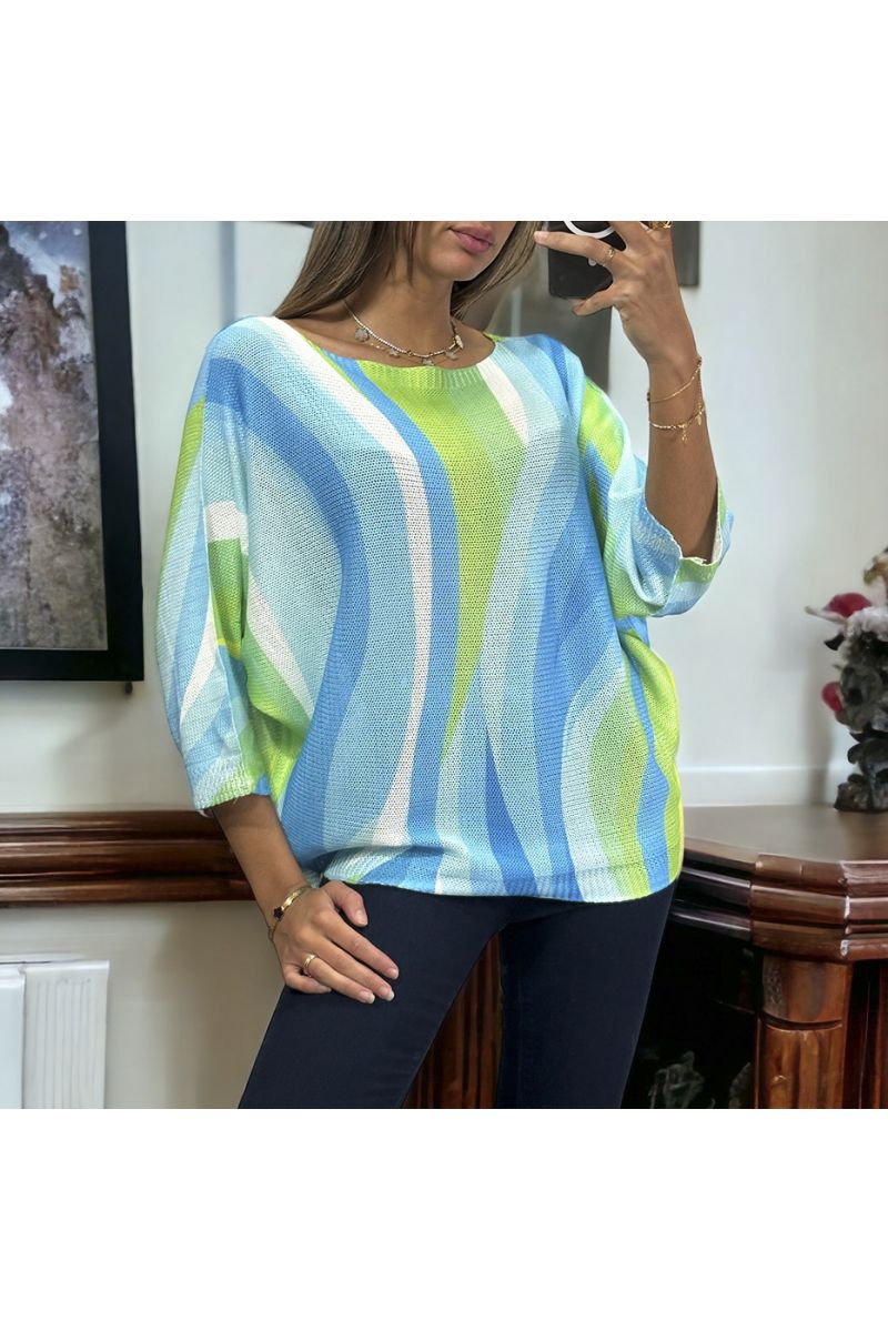 Oversized green batwing top with colorful pattern - 2