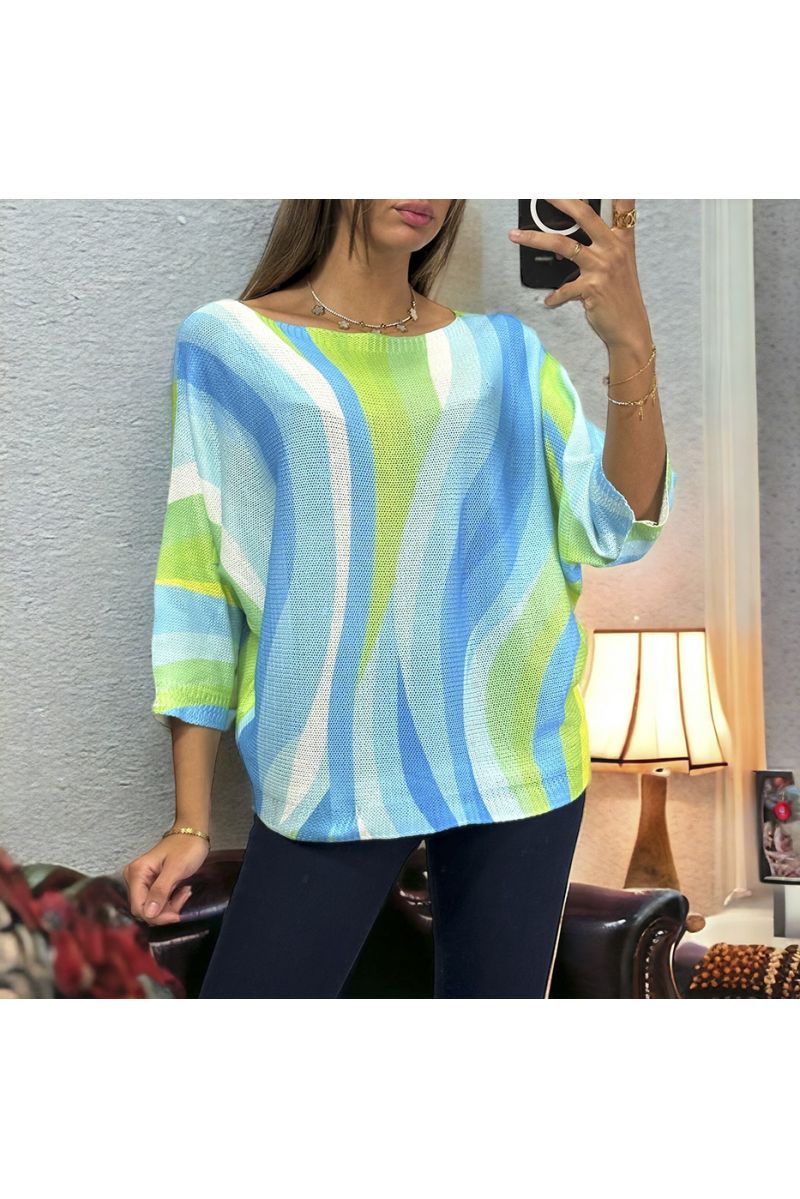 Oversized green batwing top with colorful pattern - 3