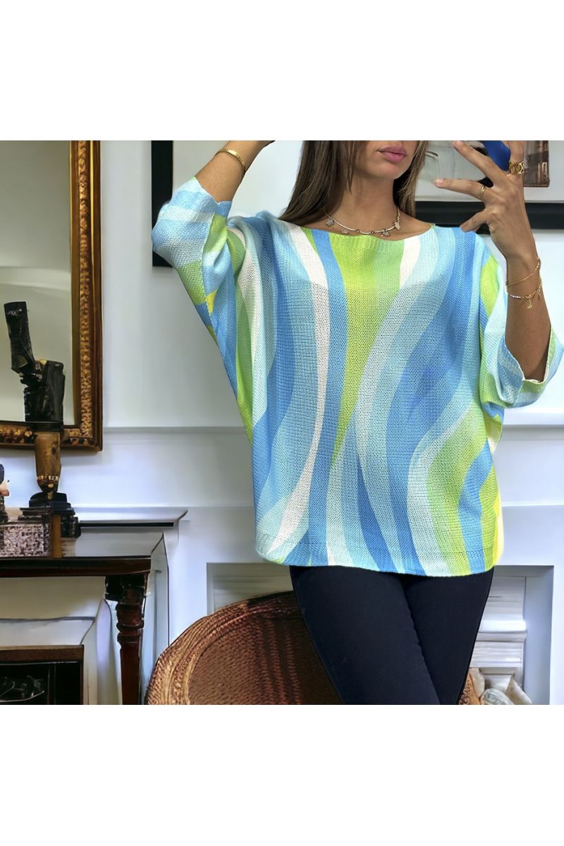 Oversized green batwing top with colorful pattern - 4
