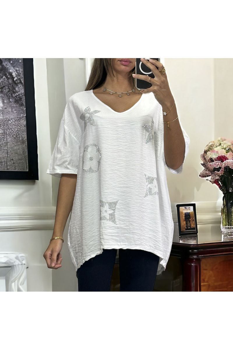 Oversized white cotton and linen top with rhinestones - 1