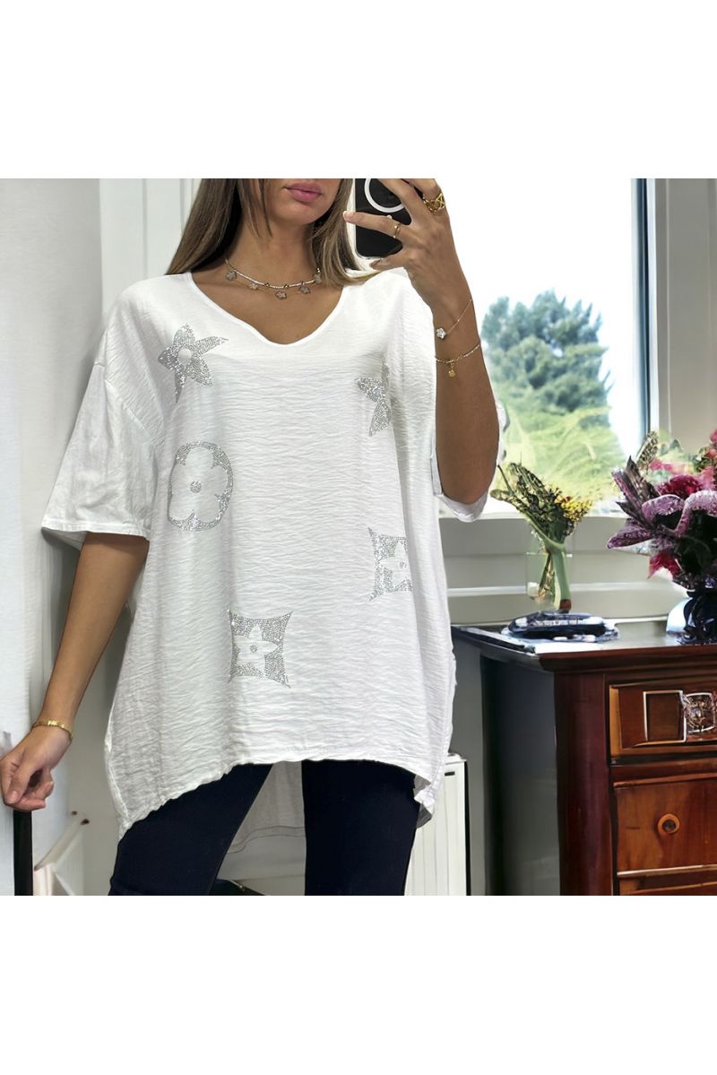 Oversized white cotton and linen top with rhinestones - 2