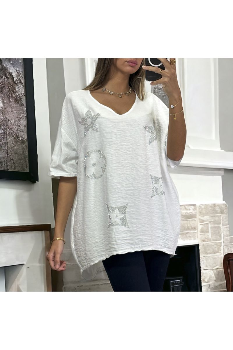 Oversized white cotton and linen top with rhinestones - 3