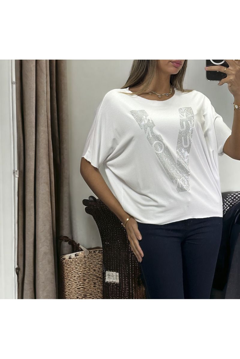 T-shirt over size en coton blanc avec motif V inspi en strass - 2