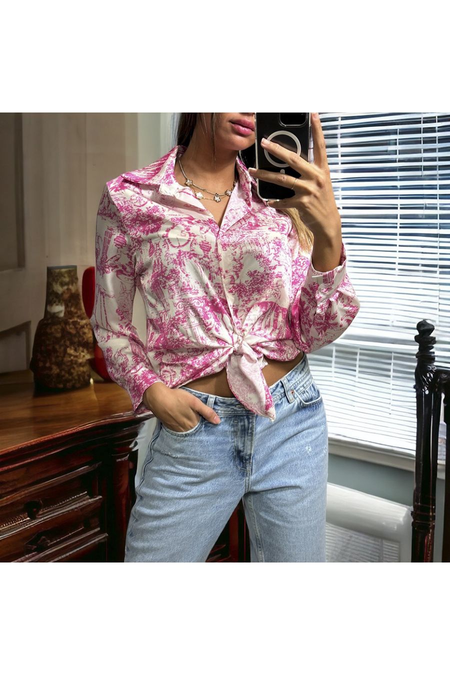 Roze met wit overhemd met een geprint dessin - 1