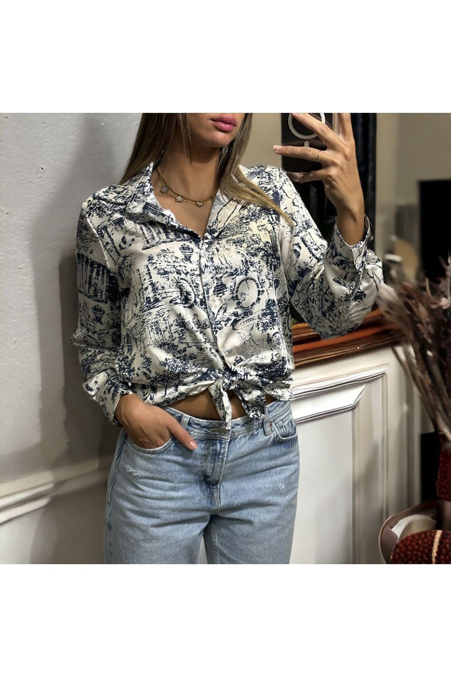 Navy and white shirt with a printed pattern - 2