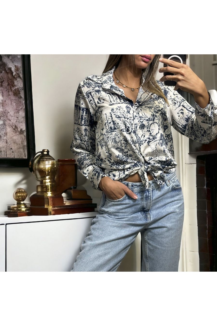 Chemise marine et blanc à motif imprimé inspi - 3