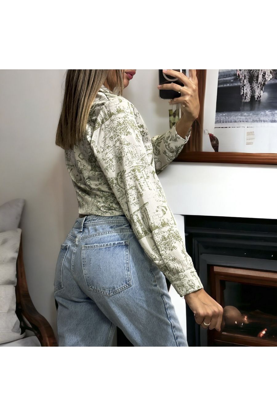 Chemise kaki et blanc à motif imprimé inspi - 3