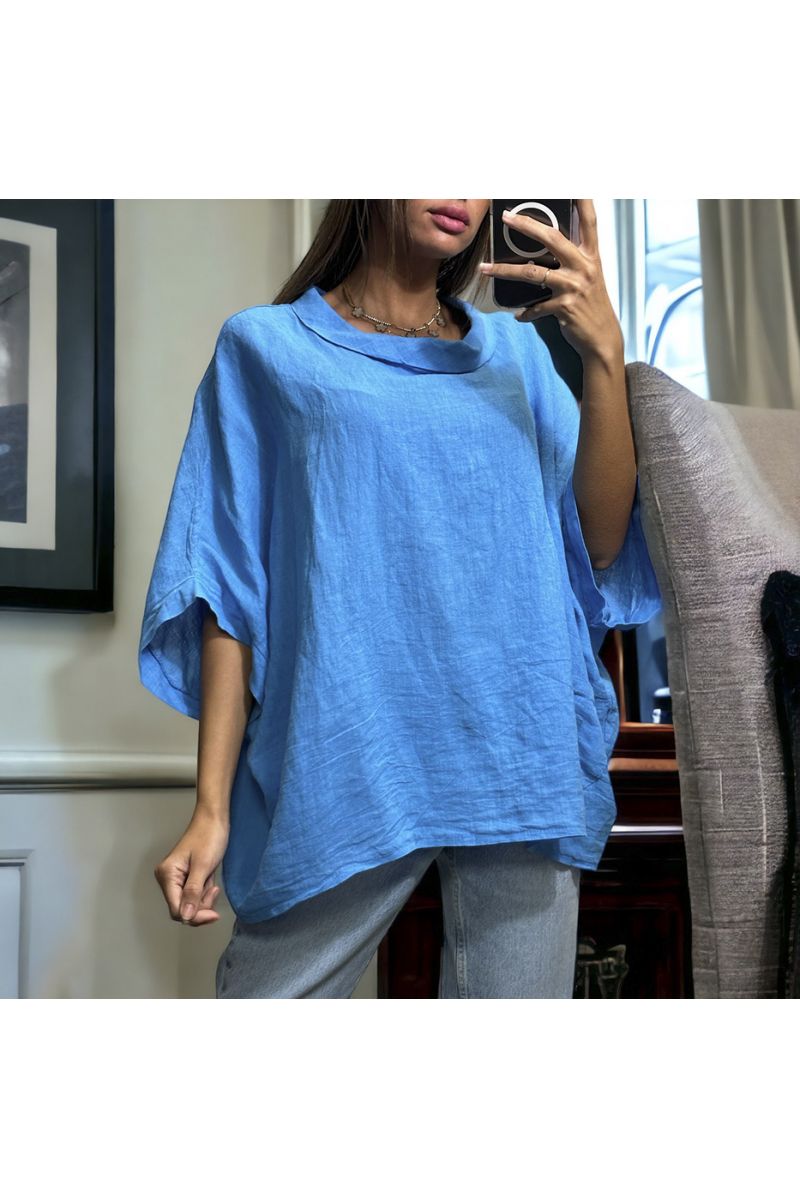 Oversized blue top in 100% Linen with a round neck - 1