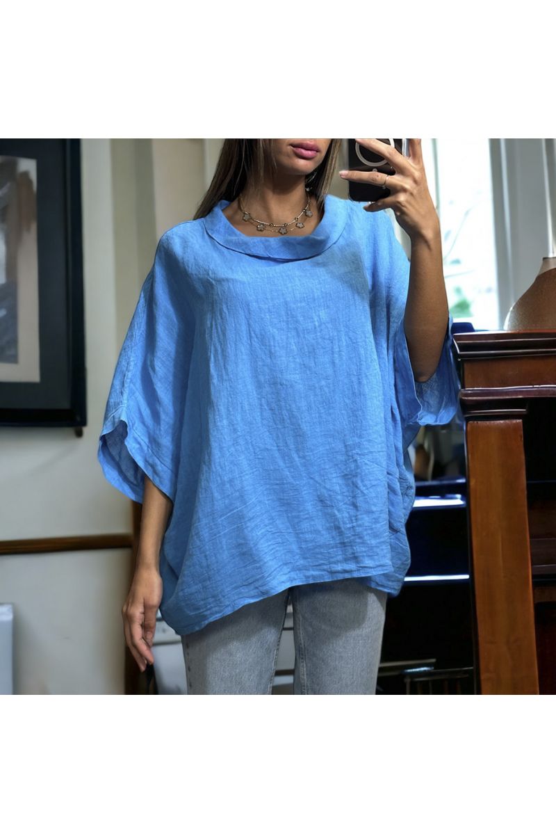Oversized blue top in 100% Linen with a round neck - 2