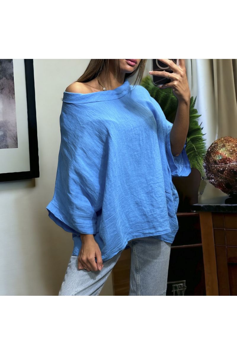 Oversized blue top in 100% Linen with a round neck - 3