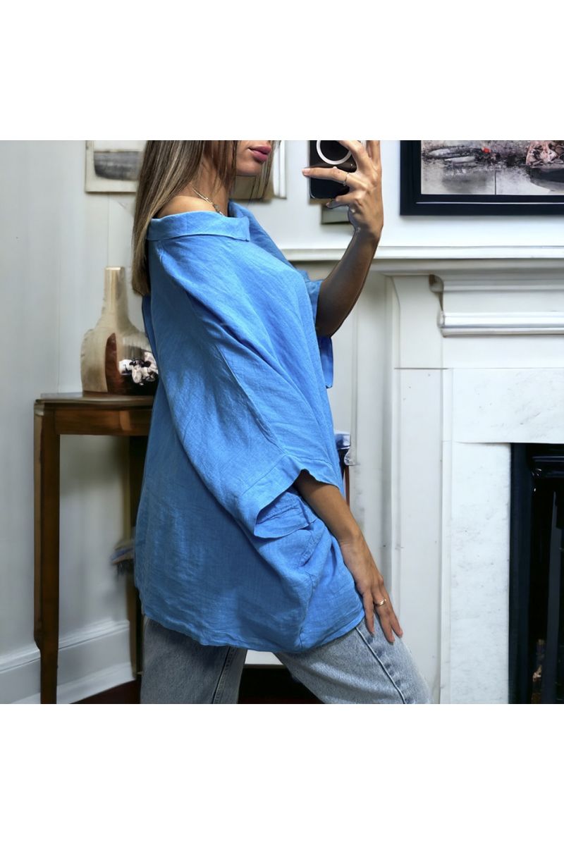 Oversized blue top in 100% Linen with a round neck - 4