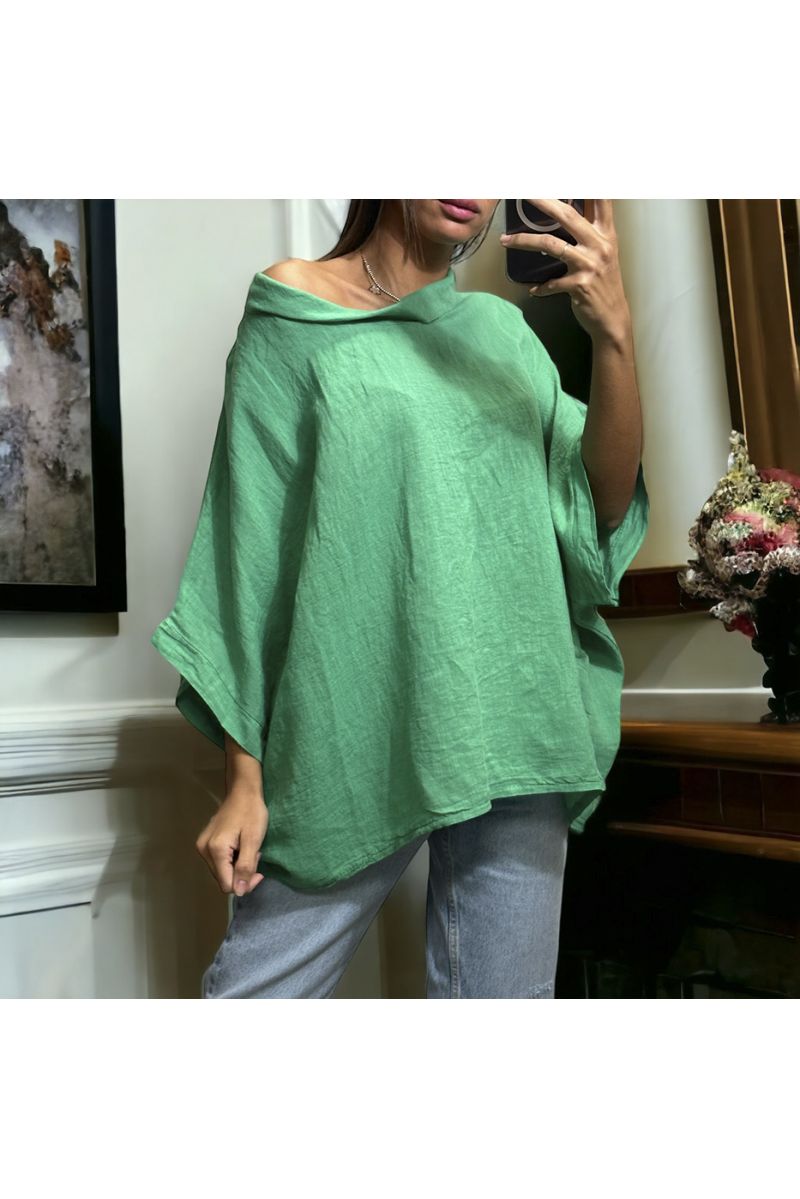Green oversized top in 100% Linen with a round neck - 3