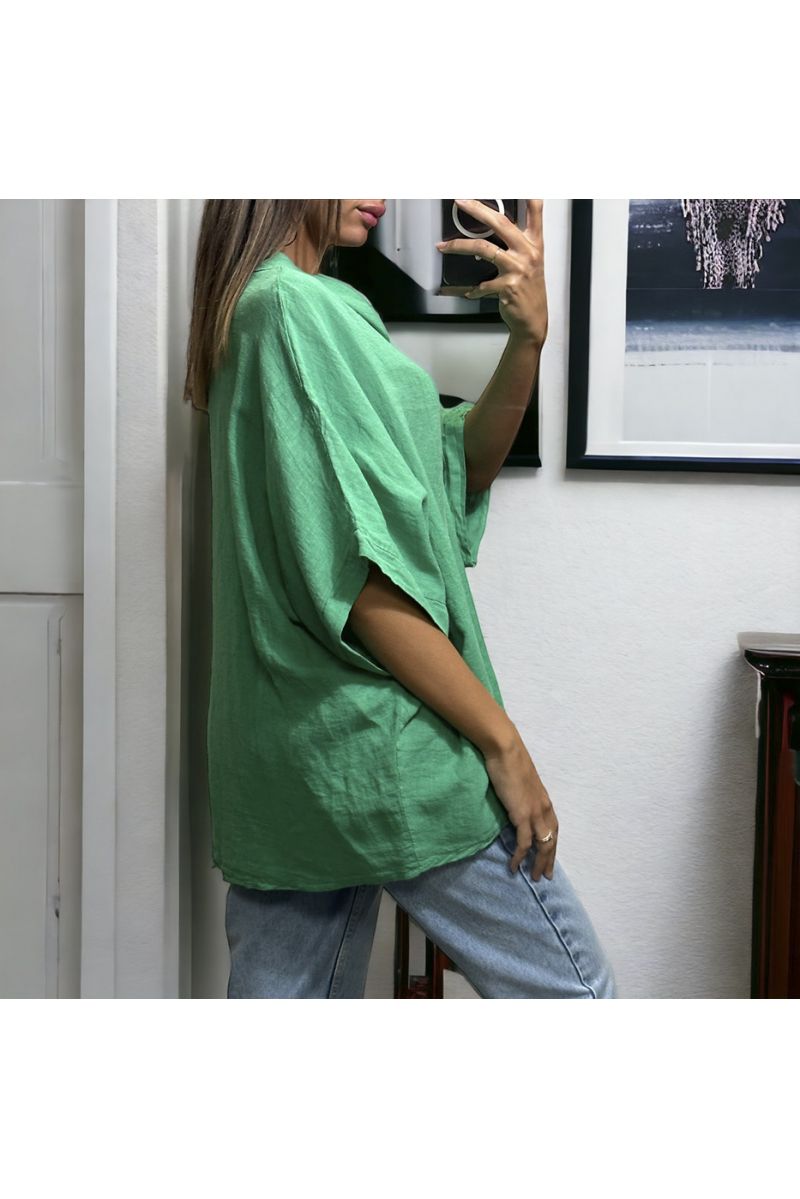Green oversized top in 100% Linen with a round neck - 4