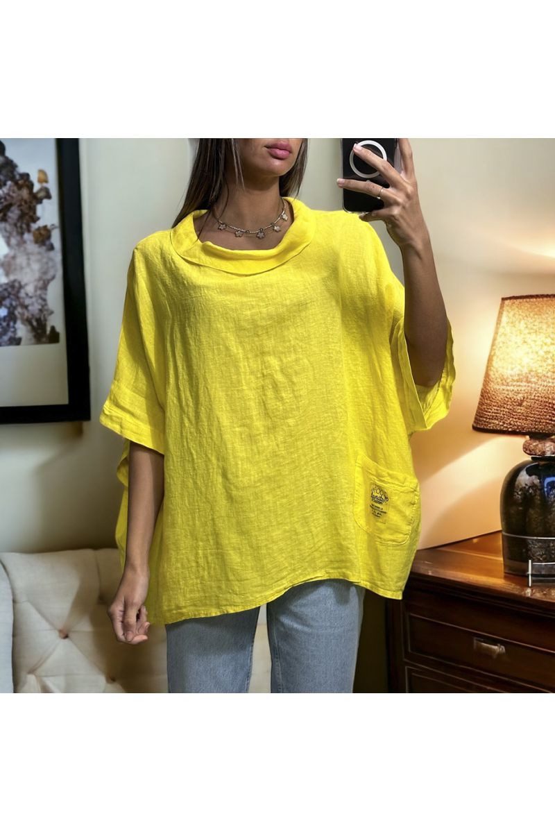 Oversized yellow top in 100% Linen with a round neck - 1